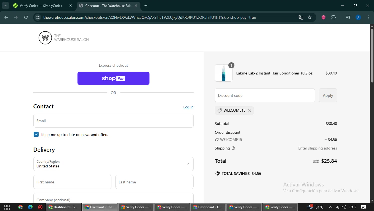 The Warehouse Salon coupon code screenshot showing code WELCOME15 applied at The Warehouse Salon checkout page. Uploaded by SimplyCodes community member NobleCaptain2872 on Jun 17, 2025
