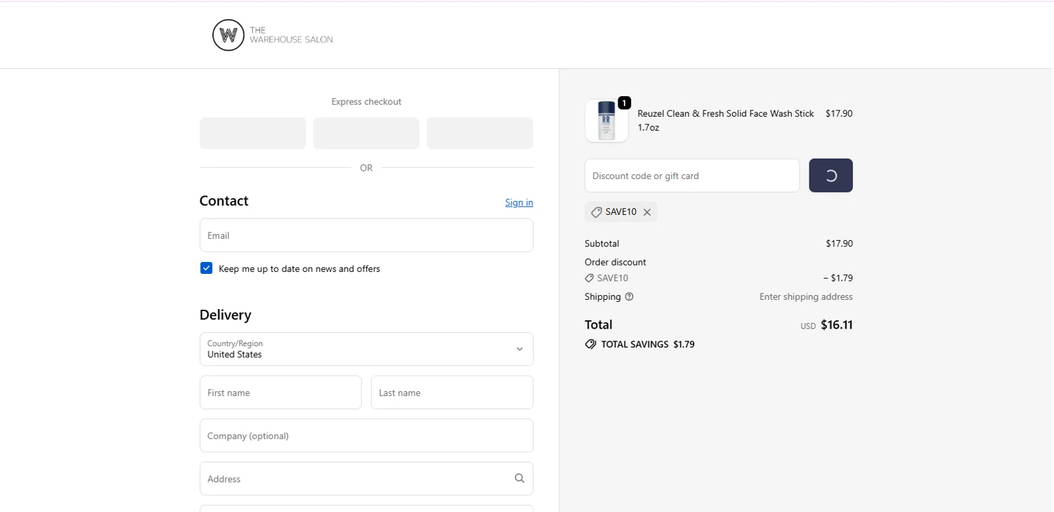 The Warehouse Salon coupon code screenshot showing code SAVE10 applied at The Warehouse Salon checkout page. Uploaded by SimplyCodes community member TOTONEROFL on Nov 17, 2025