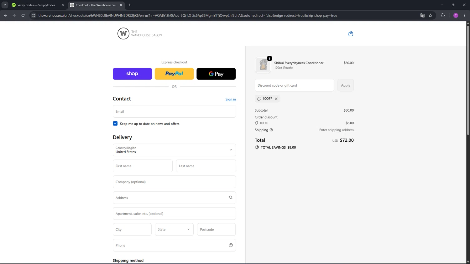 The Warehouse Salon coupon code screenshot showing code 10OFF applied at The Warehouse Salon checkout page. Uploaded by SimplyCodes community member CleverFinder9623 on Jan 25, 2026