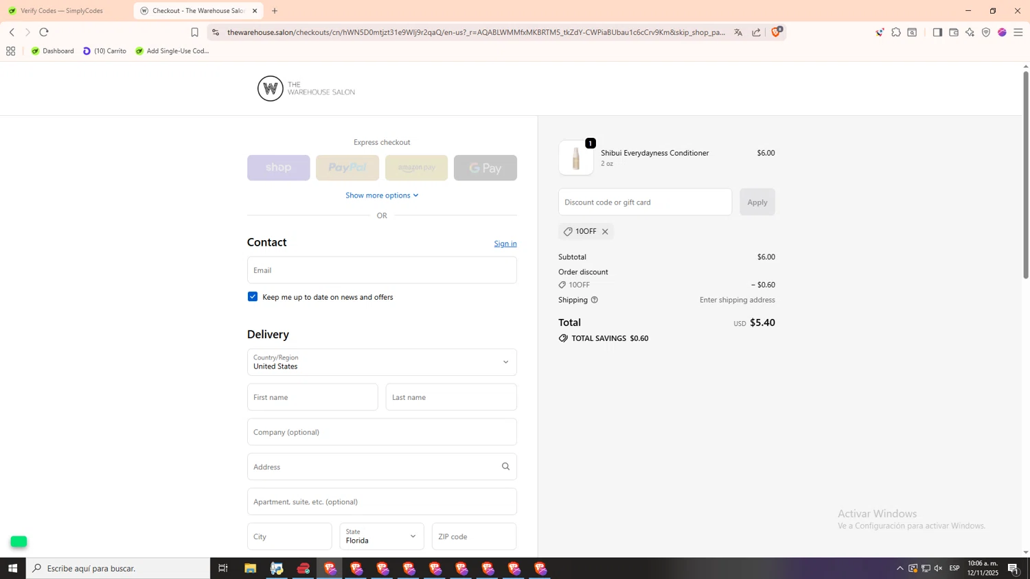 The Warehouse Salon coupon code screenshot showing code 10OFF applied at The Warehouse Salon checkout page. Uploaded by SimplyCodes community member Monitos on Nov 12, 2025