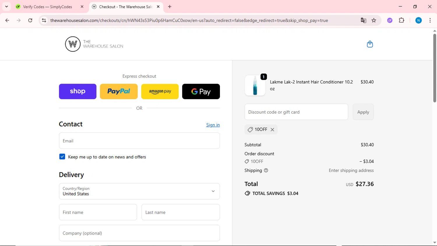 The Warehouse Salon coupon code screenshot showing code 10OFF applied at The Warehouse Salon checkout page. Uploaded by SimplyCodes community member QuestOwl6398 on Oct 13, 2025