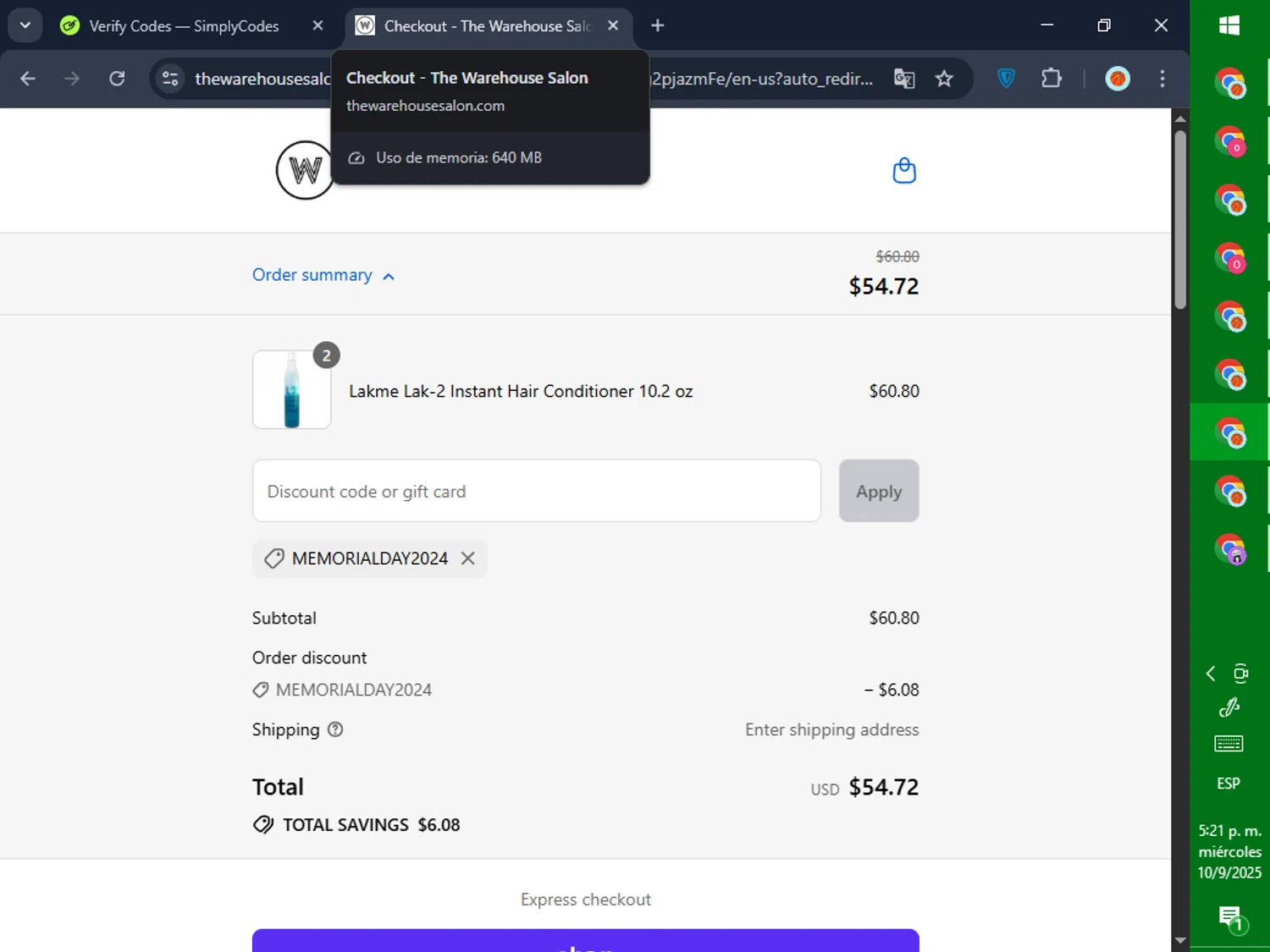 The Warehouse Salon coupon code screenshot showing code MEMORIALDAY2024 applied at The Warehouse Salon checkout page. Uploaded by SimplyCodes community member GoldPilot5958 on Sep 10, 2025