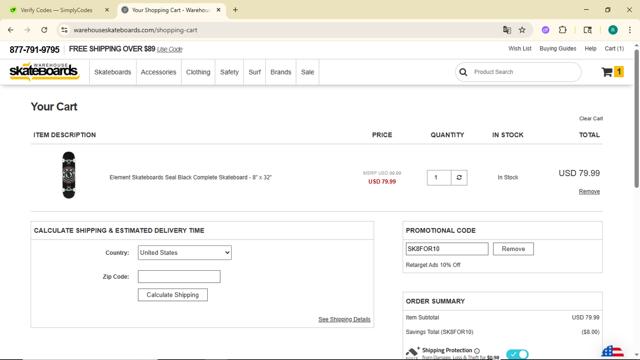 Warehouse Skateboards checkout page showing Warehouse Skateboards promo code box | Screenshot taken by SimplyCodes community member on Jun 28, 2025