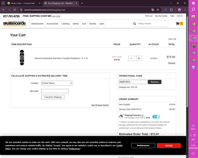 Warehouse Skateboards checkout page showing Warehouse Skateboards promo code box | Screenshot taken by SimplyCodes community member on Jun 21, 2025