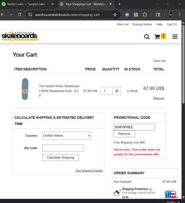 Warehouse Skateboards checkout page showing Warehouse Skateboards promo code box | Screenshot taken by SimplyCodes community member on Jun 21, 2025