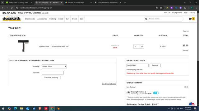 Warehouse Skateboards checkout page showing Warehouse Skateboards promo code box | Screenshot taken by SimplyCodes community member on Jul 27, 2025
