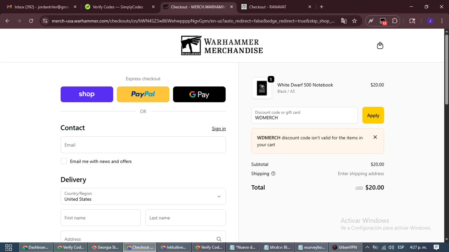 Warhammer checkout page showing Warhammer promo code box | Screenshot taken by SimplyCodes community member on Oct 23, 2025