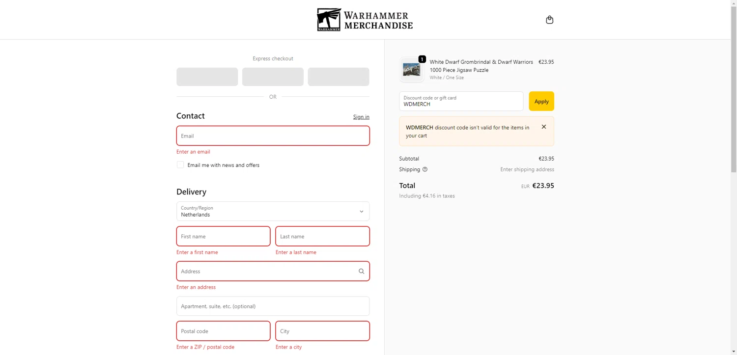Warhammer promo code screenshot showing code WDMERCH applied at Warhammer checkout page. Uploaded by SimplyCodes community member NobleMaestro6498 on Nov 1, 2025