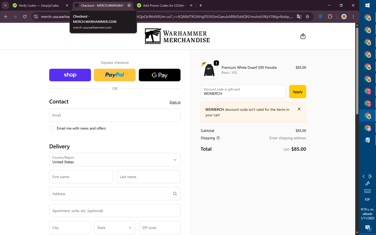 Warhammer promo code screenshot showing code WDMERCH applied at Warhammer checkout page. Uploaded by SimplyCodes community member PromoVoyager8446 on Nov 1, 2025