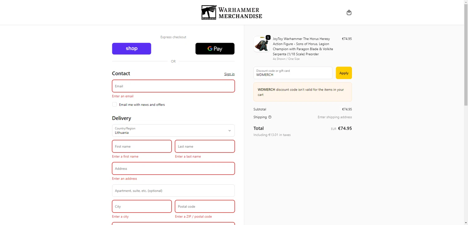 Warhammer checkout page showing Warhammer promo code box | Screenshot taken by SimplyCodes community member on Sep 22, 2025