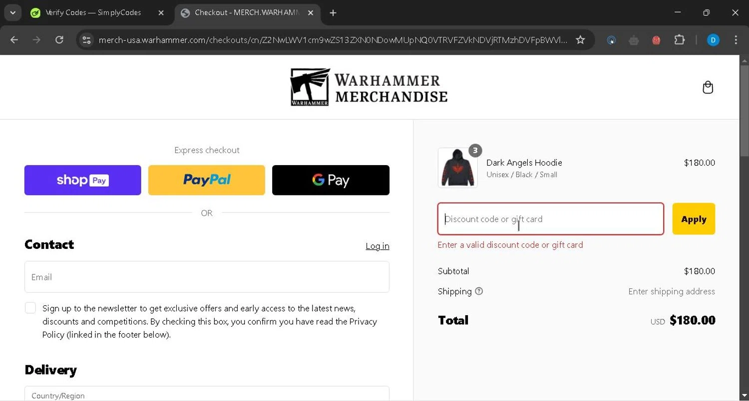 Warhammer promo code screenshot showing code NEWYEAR applied at Warhammer checkout page. Uploaded by SimplyCodes community member miawallace on Feb 18, 2025