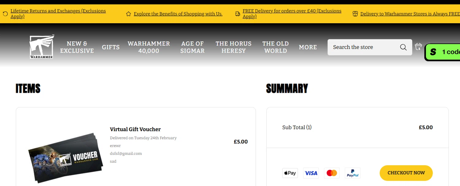 Warhammer promo code screenshot showing code SM210 applied at Warhammer checkout page. Uploaded by SimplyCodes community member ashe1986 on Dec 23, 2025
