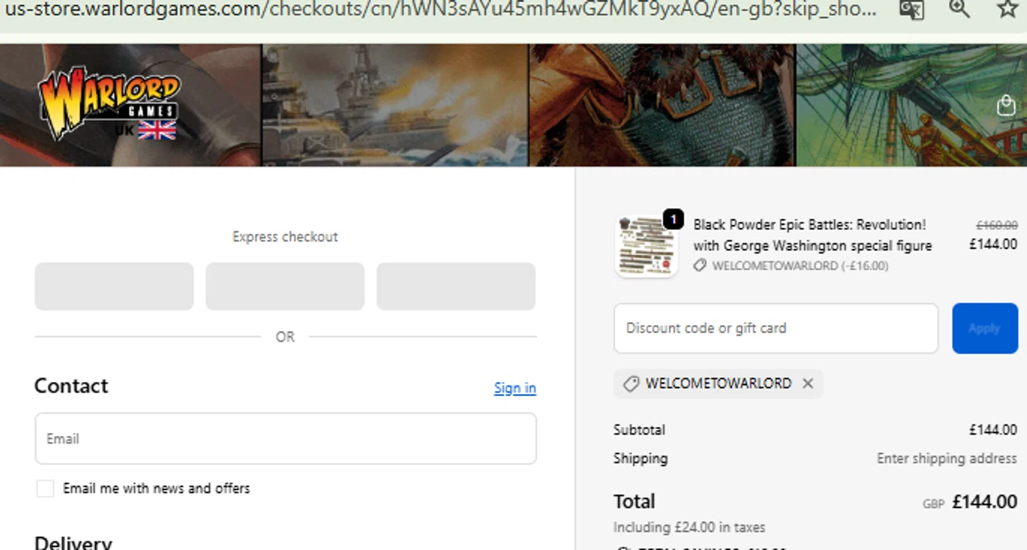 Warlord Games discount code screenshot showing code WELCOMETOWARLORD applied at Warlord Games checkout page. Uploaded by SimplyCodes community member PennyOwl2559 on Oct 8, 2025