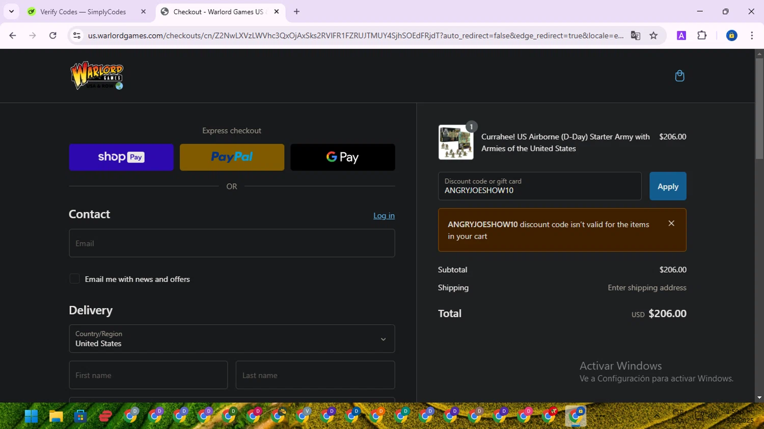 Warlord Games discount code screenshot showing code ANGRYJOESHOW10 applied at Warlord Games checkout page. Uploaded by SimplyCodes community member SwiftWarden6832 on Feb 3, 2025