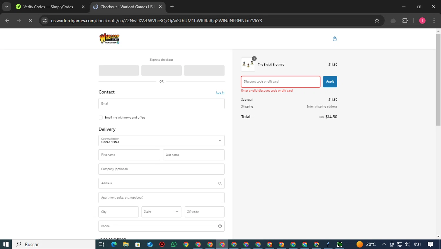 Warlord Games discount code screenshot showing code ANGRYJOESHOW10 applied at Warlord Games checkout page. Uploaded by SimplyCodes community member SmartAce4137 on Jan 17, 2025