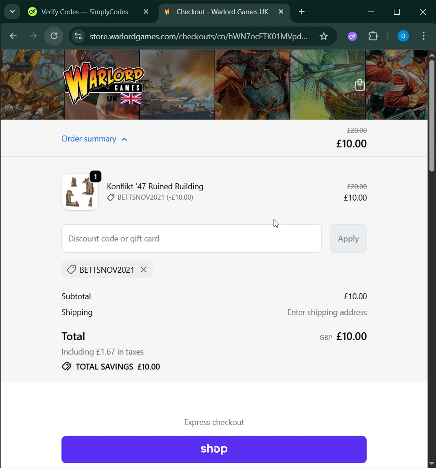 Warlord Games discount code screenshot showing code BETTSNOV2021 applied at Warlord Games checkout page. Uploaded by SimplyCodes community member RoyalSage9159 on Jan 20, 2026