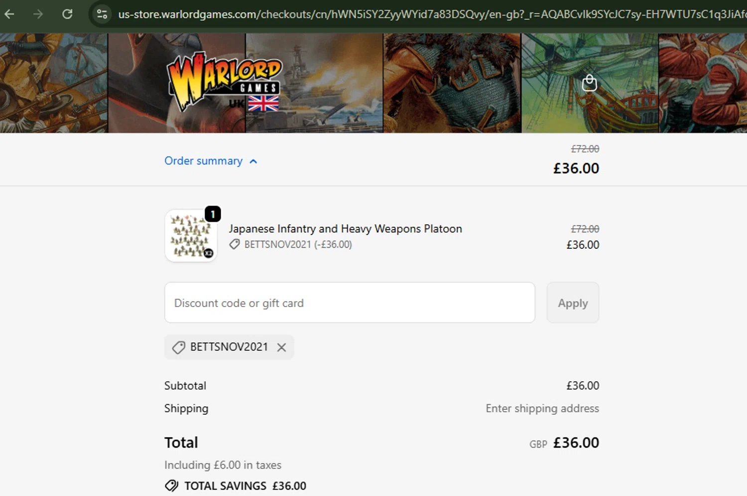 Warlord Games discount code screenshot showing code BETTSNOV2021 applied at Warlord Games checkout page. Uploaded by SimplyCodes community member ShrewdBoss4152 on Nov 25, 2025