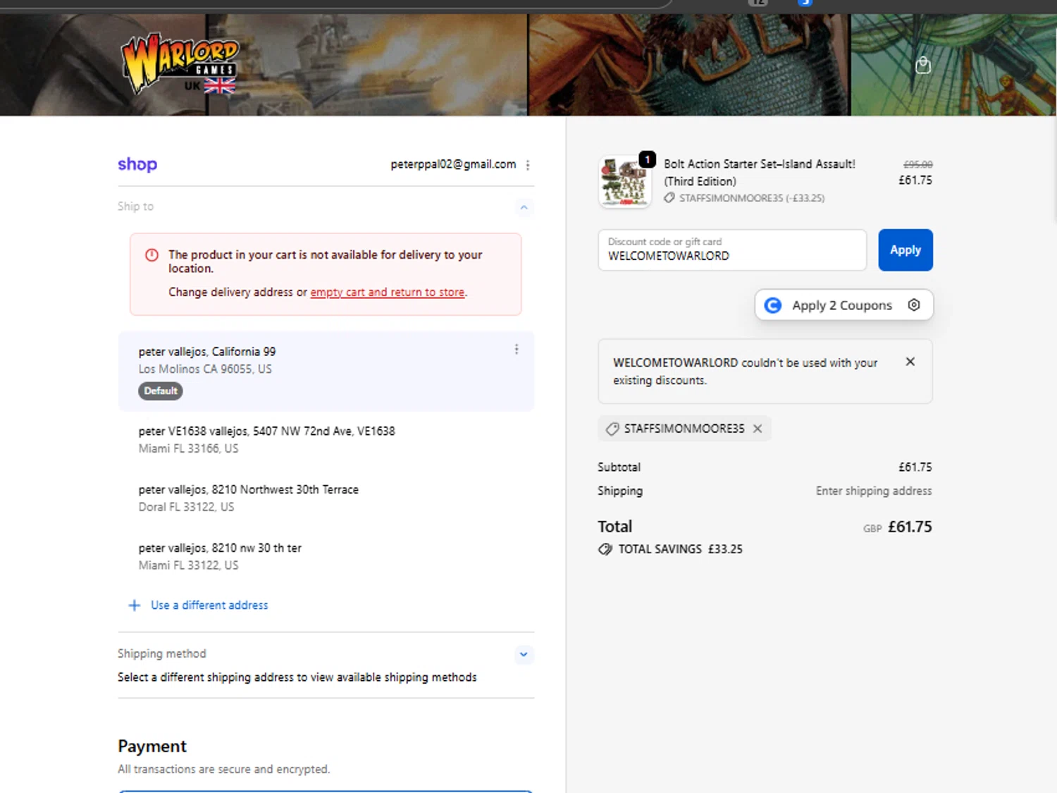 Warlord Games discount code screenshot showing code STAFFSIMONMOORE35 applied at Warlord Games checkout page. Uploaded by SimplyCodes community member PrimeMaverick5747 on Dec 14, 2025