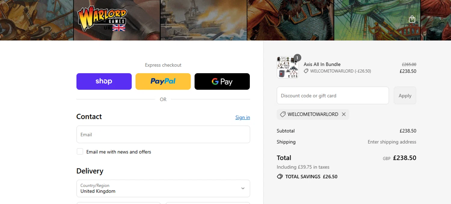 Warlord Games discount code screenshot showing code WELCOMETOWARLORD applied at Warlord Games checkout page. Uploaded by SimplyCodes community member ashe1986 on Sep 16, 2025