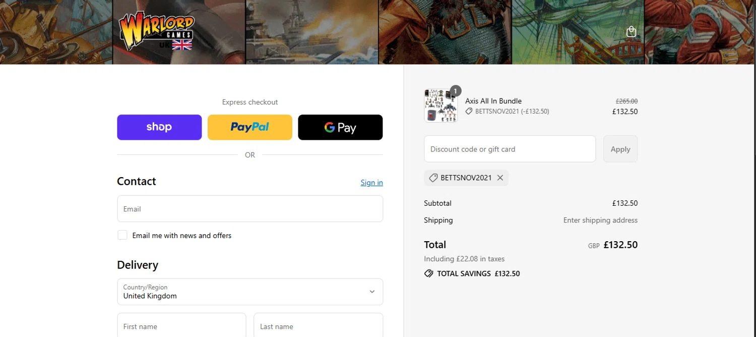Warlord Games discount code screenshot showing code BETTSNOV2021 applied at Warlord Games checkout page. Uploaded by SimplyCodes community member ashe1986 on Sep 16, 2025