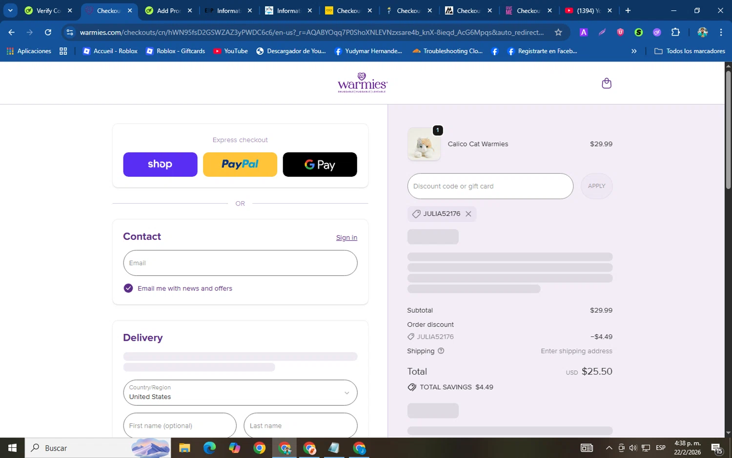 Warmies promo code screenshot showing code JULIA52176 applied at Warmies checkout page. Uploaded by SimplyCodes community member helicoide on Feb 22, 2026