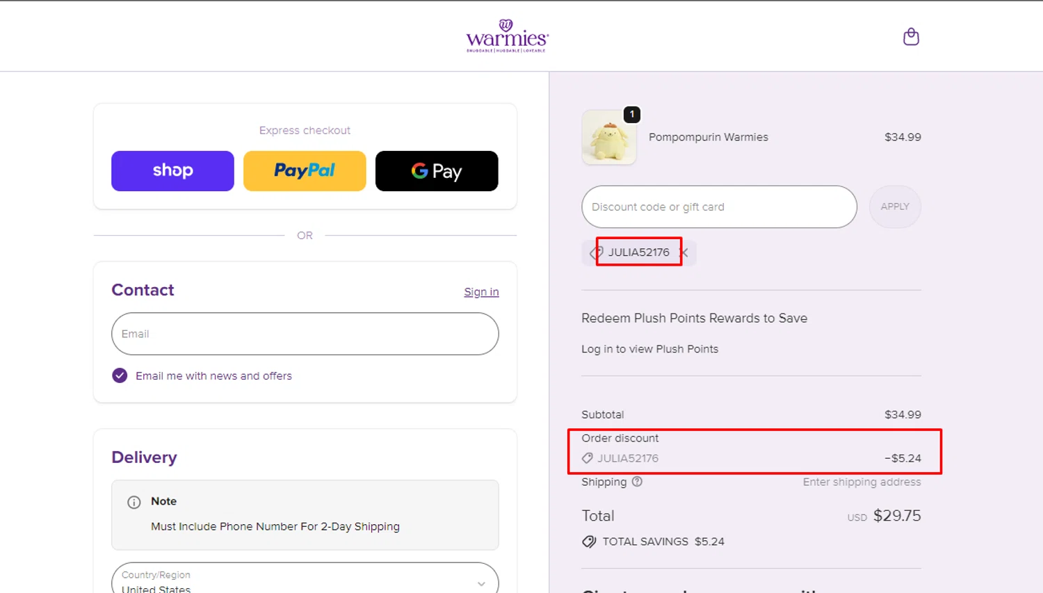 Warmies promo code screenshot showing code JULIA52176 applied at Warmies checkout page. Uploaded by SimplyCodes community member nileskamarcano on Feb 22, 2026