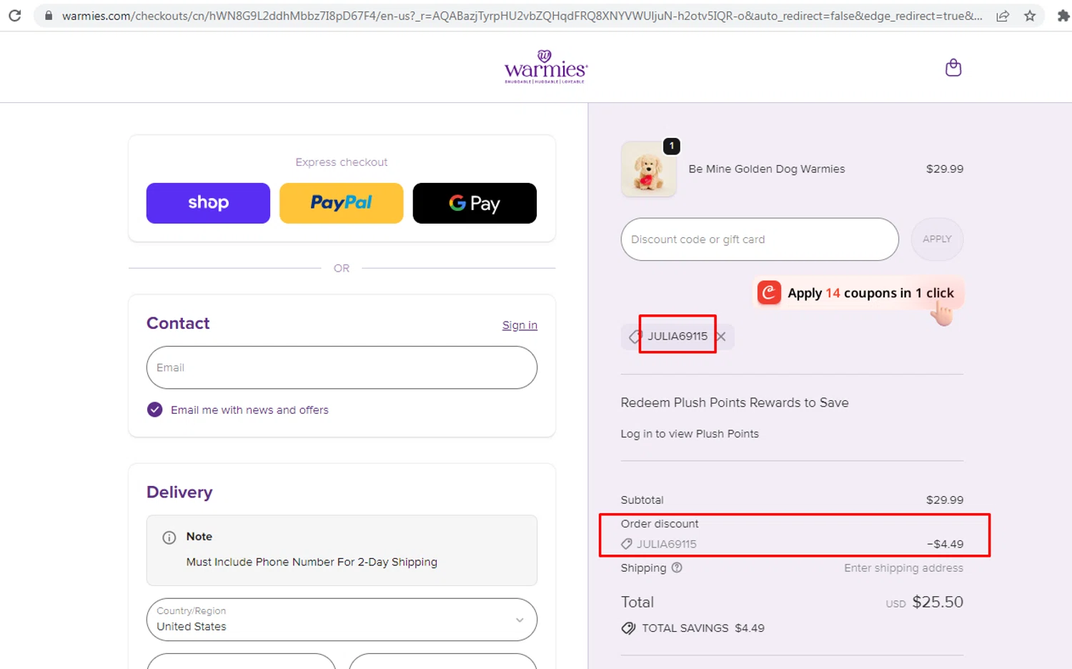 Warmies promo code screenshot showing code JULIA69115 applied at Warmies checkout page. Uploaded by SimplyCodes community member nileskamarcano on Jan 31, 2026