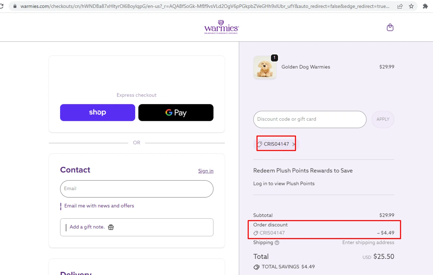Warmies promo code screenshot showing code CRIS04147 applied at Warmies checkout page. Uploaded by SimplyCodes community member nileskamarcano on Jun 10, 2026
