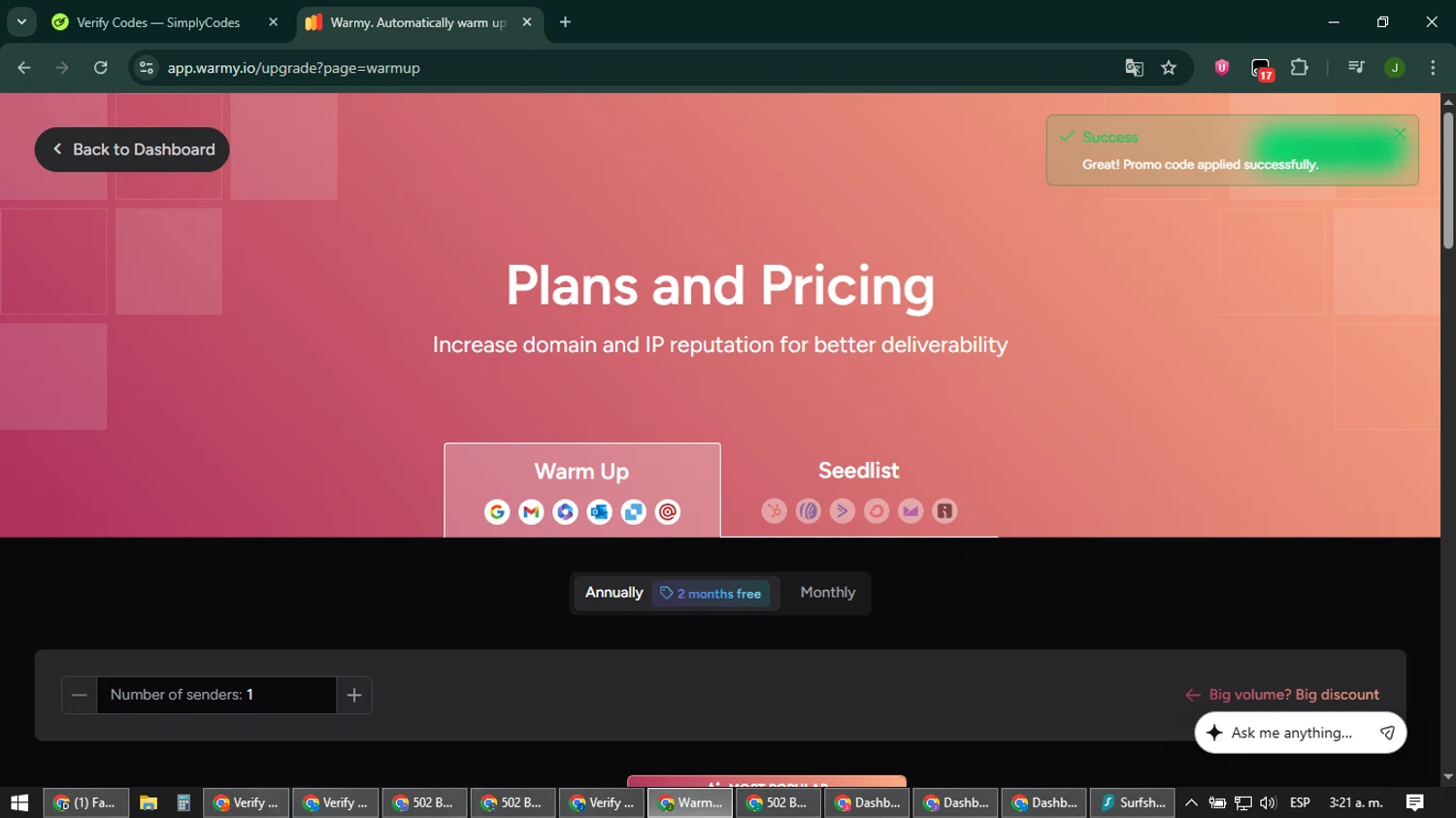 Warmy discount code screenshot showing code WARMY25 applied at Warmy checkout page. Uploaded by SimplyCodes community member ShieldFinder369 on Feb 7, 2026