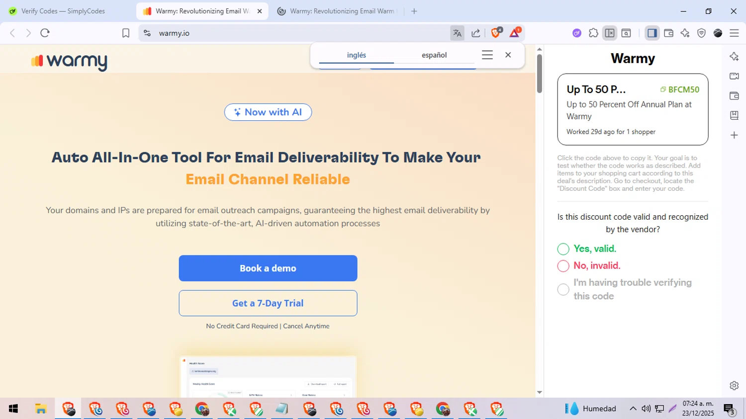 Warmy discount code screenshot showing code BFCM50 applied at Warmy checkout page. Uploaded by SimplyCodes community member DiscountDefender1226 on Dec 23, 2025