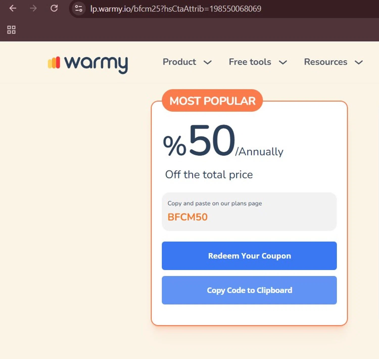 Warmy discount code screenshot showing code BFCM50 applied at Warmy checkout page. Uploaded by SimplyCodes community member Milaya on Nov 24, 2025