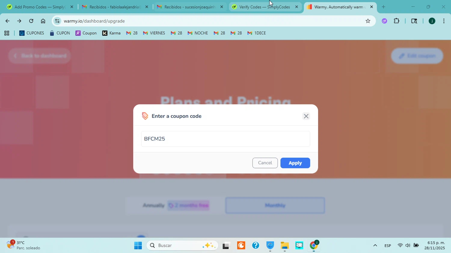 Warmy discount code screenshot showing code BFCM25 applied at Warmy checkout page. Uploaded by SimplyCodes community member jorgejavierherrera on Nov 28, 2025