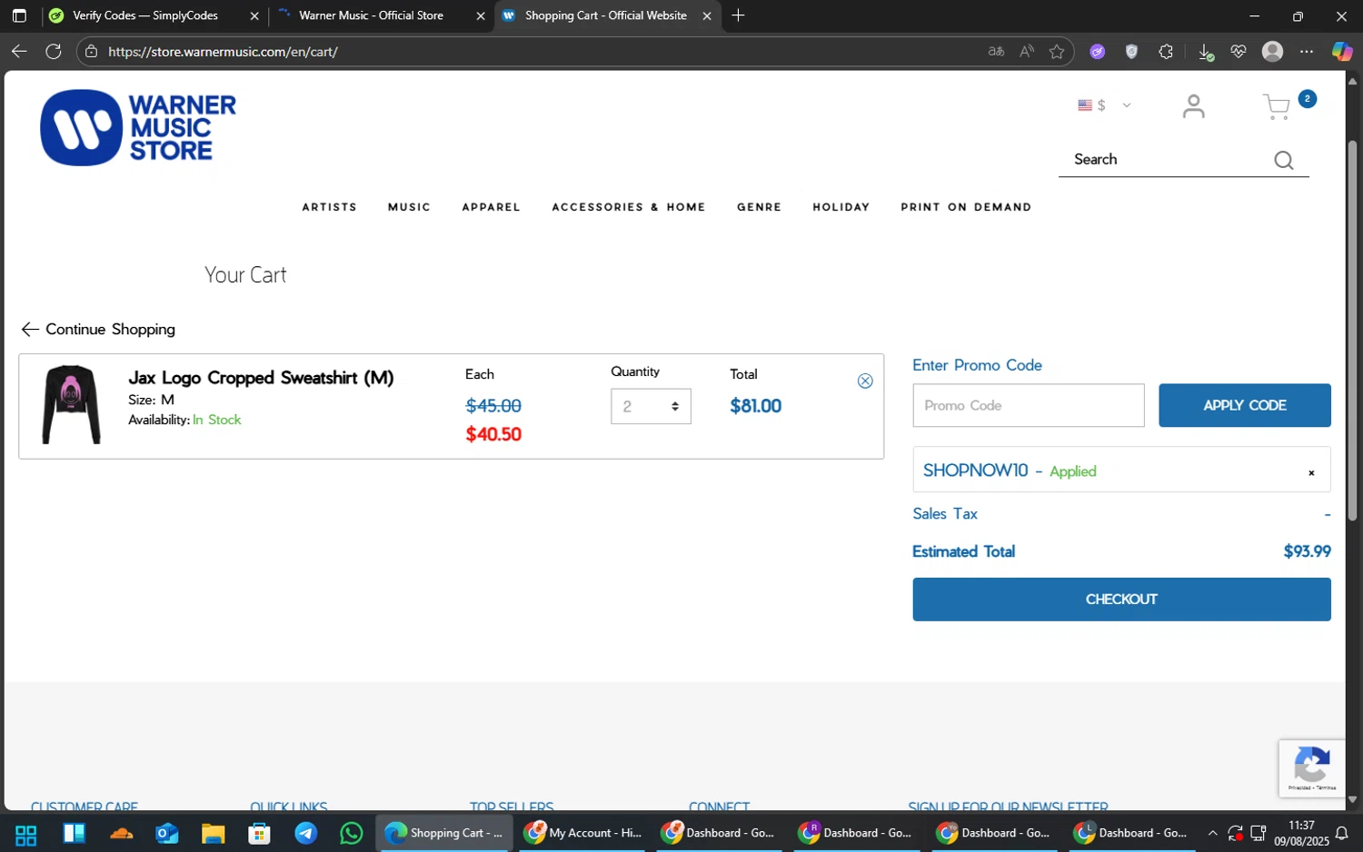 Warner Music Store promo code screenshot showing code SHOPNOW10 applied at Warner Music Store checkout page. Uploaded by SimplyCodes community member nahhhh on Aug 9, 2025