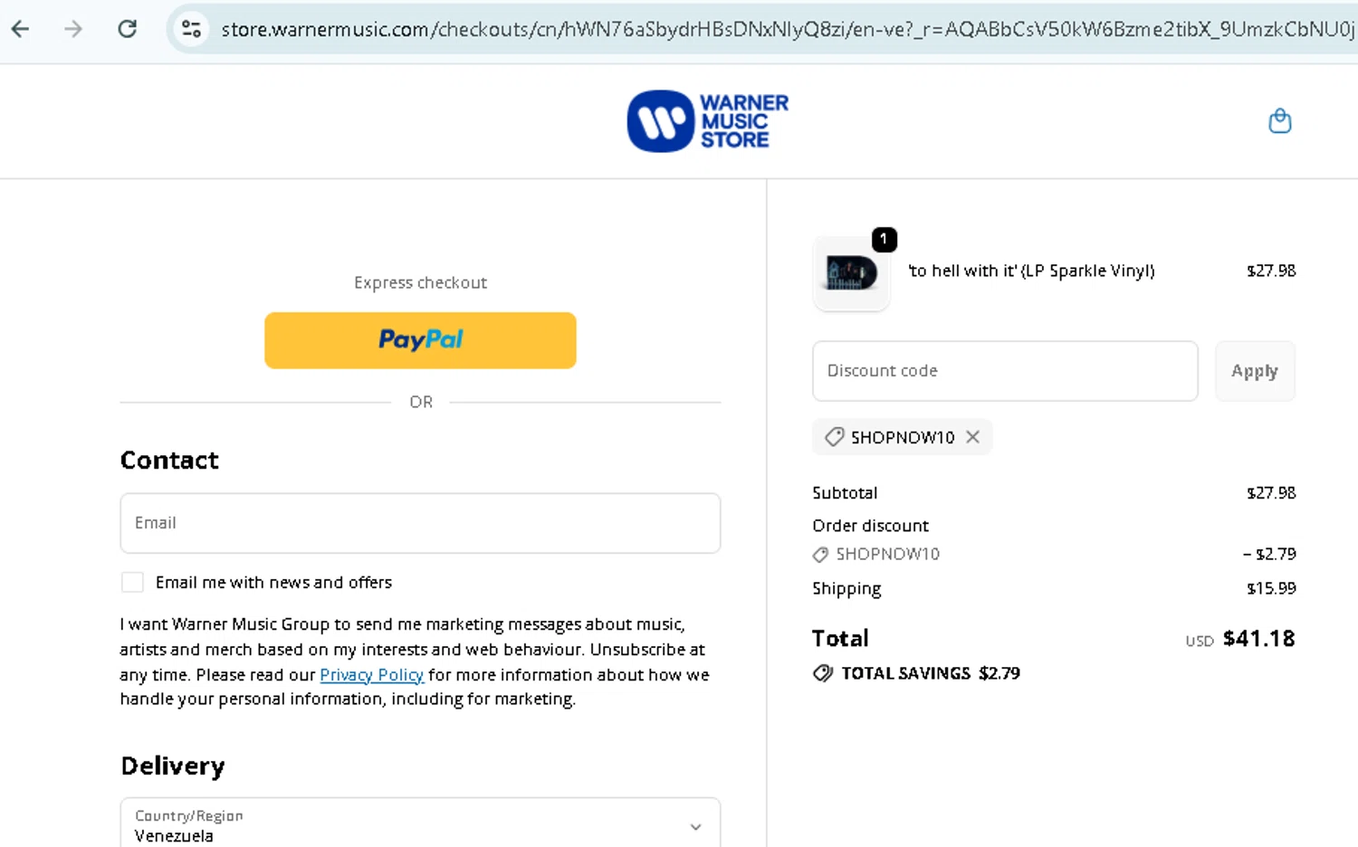 Warner Music Store checkout page showing Warner Music Store promo code box | Screenshot taken by SimplyCodes community member on Jan 1, 2026
