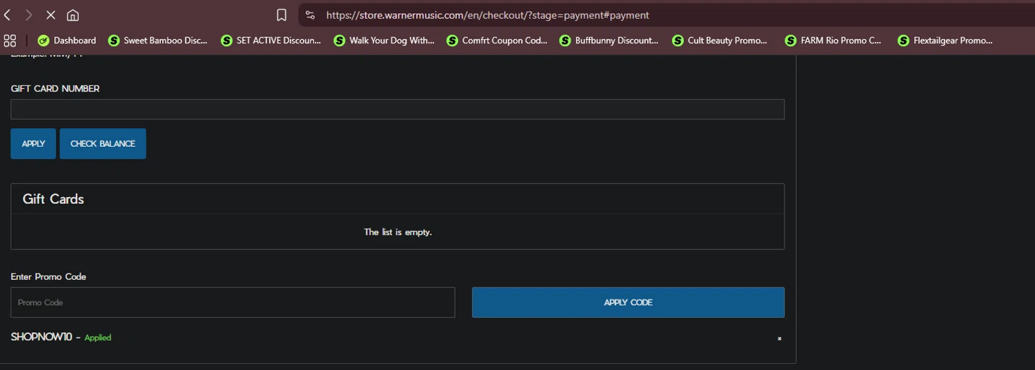 Warner Music Store promo code screenshot showing code SHOPNOW10 applied at Warner Music Store checkout page. Uploaded by SimplyCodes community member idkxxx on Jul 11, 2025