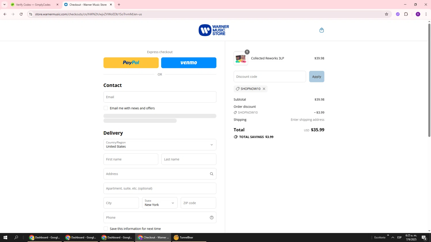 Warner Music Store promo code screenshot showing code SHOPNOW10 applied at Warner Music Store checkout page. Uploaded by SimplyCodes community member ukemochi on Sep 7, 2025