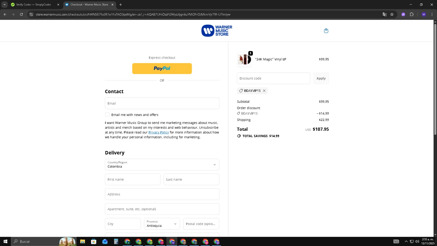 Warner Music Store promo code screenshot showing code BDAYVIP15 applied at Warner Music Store checkout page. Uploaded by SimplyCodes community member CRF250CC on Nov 13, 2025
