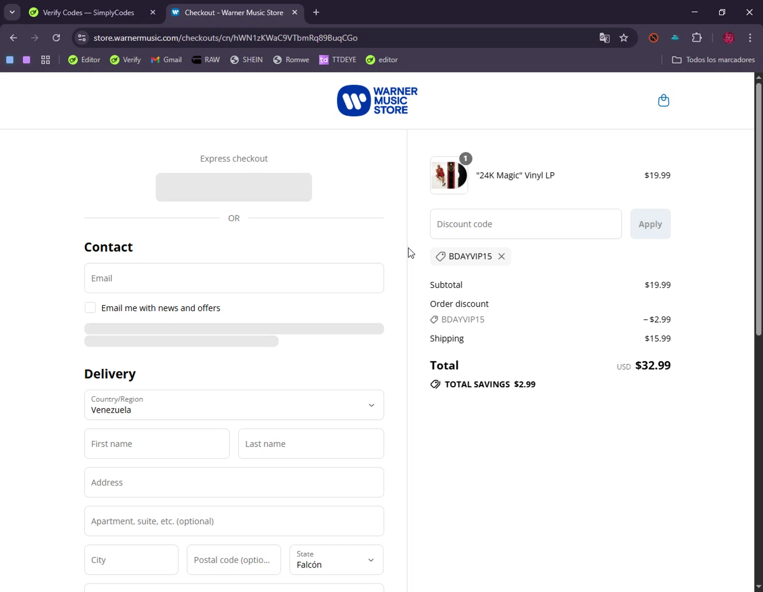 Warner Music Store promo code screenshot showing code BDAYVIP15 applied at Warner Music Store checkout page. Uploaded by SimplyCodes community member Hyupat on Aug 19, 2025