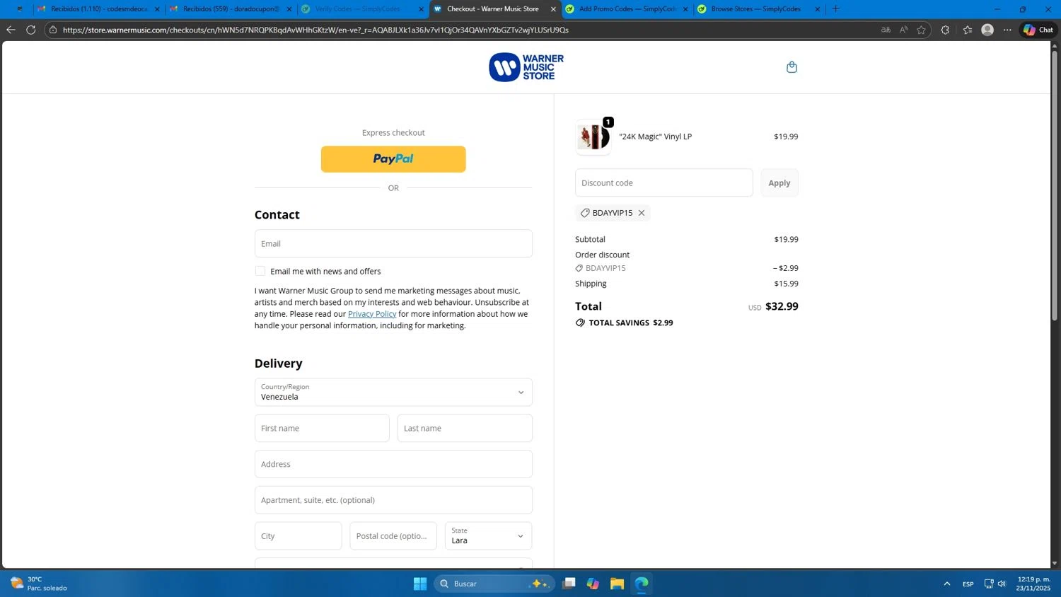 Warner Music Store promo code screenshot showing code BDAYVIP15 applied at Warner Music Store checkout page. Uploaded by SimplyCodes community member Mdeoca on Nov 23, 2025