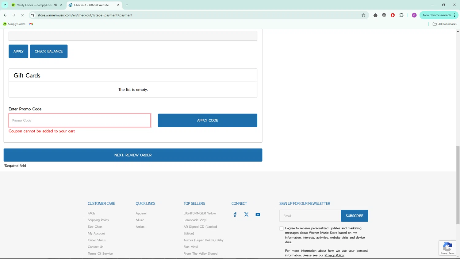 Warner Music Store promo code screenshot showing code WMXSURVEY10 applied at Warner Music Store checkout page. Uploaded by SimplyCodes community member WiseWarden6423 on Mar 14, 2025