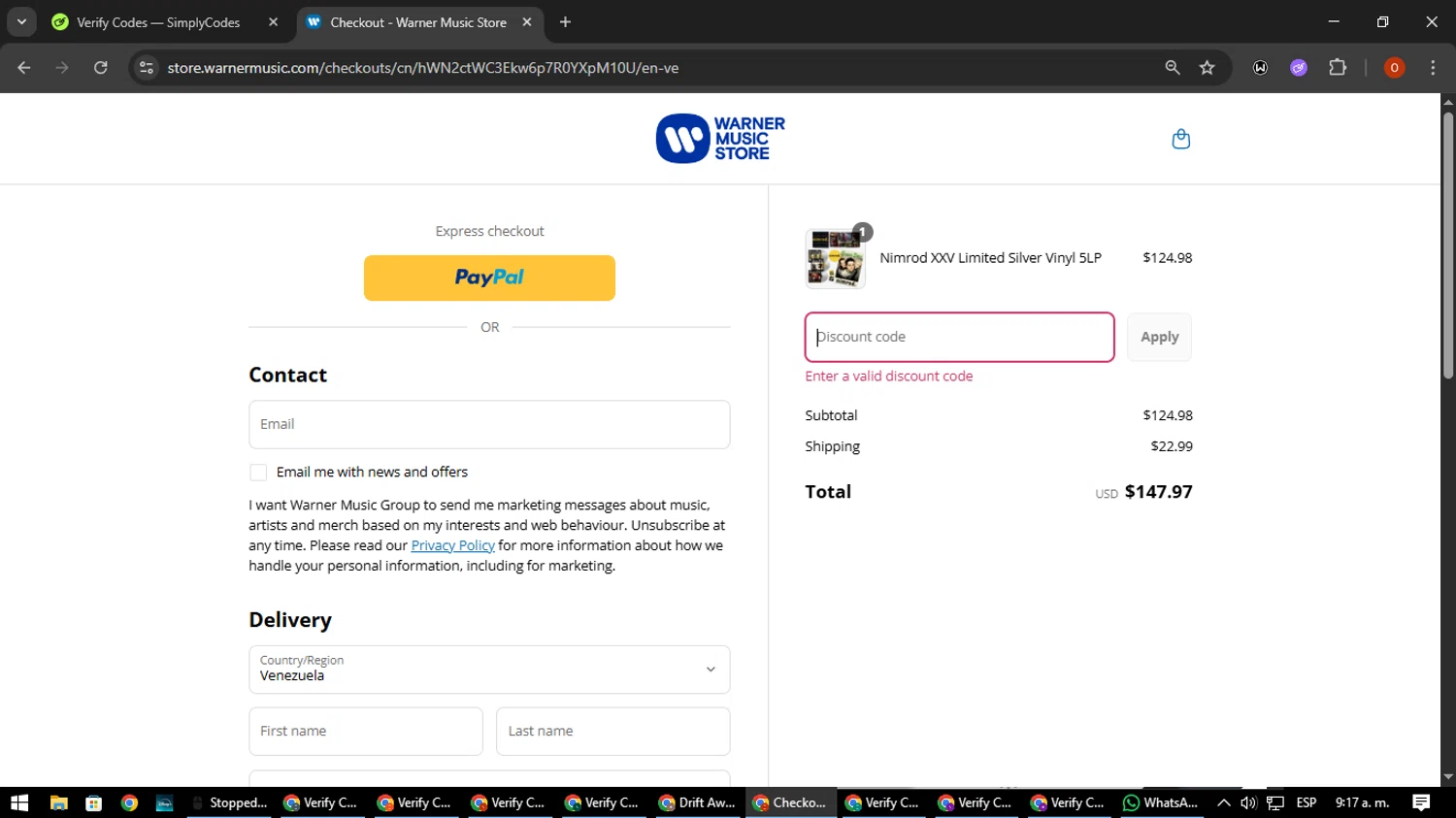 Warner Music Store promo code screenshot showing code WELCOME10 applied at Warner Music Store checkout page. Uploaded by SimplyCodes community member CleverSpotter3730 on Sep 5, 2025