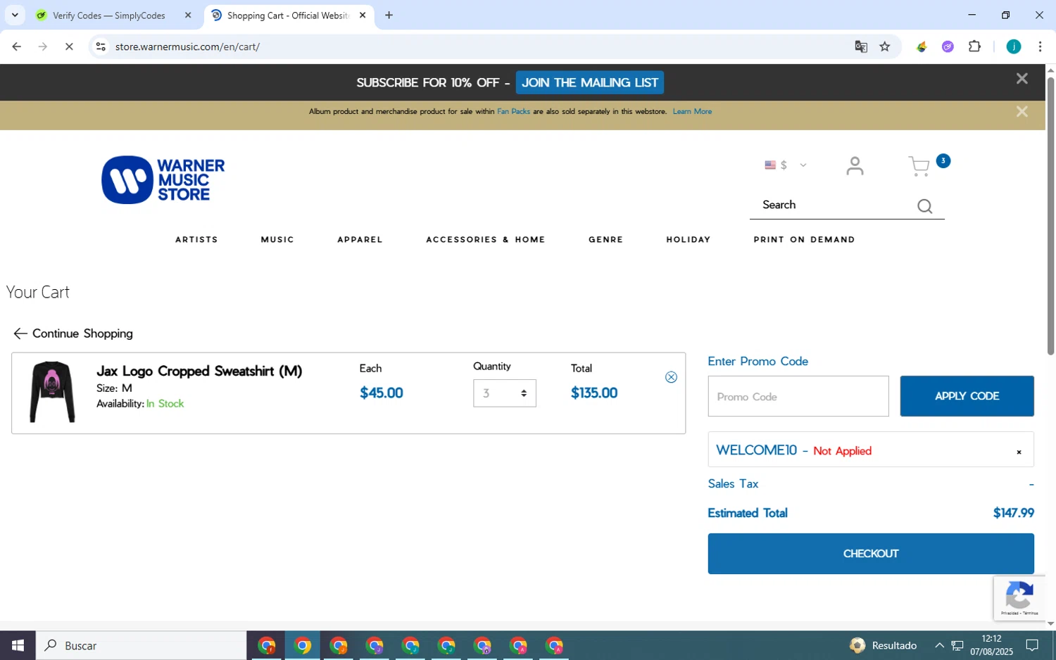 Warner Music Store promo code screenshot showing code WELCOME10 applied at Warner Music Store checkout page. Uploaded by SimplyCodes community member Juan_collug on Aug 7, 2025