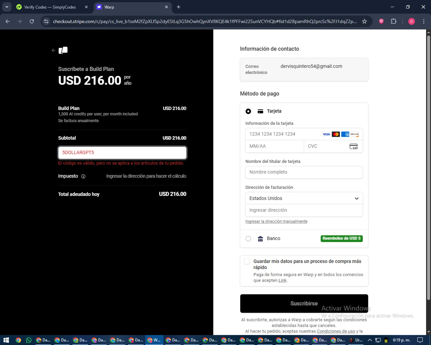 Warp checkout page showing Warp promo code box | Screenshot taken by SimplyCodes community member on Jan 24, 2026