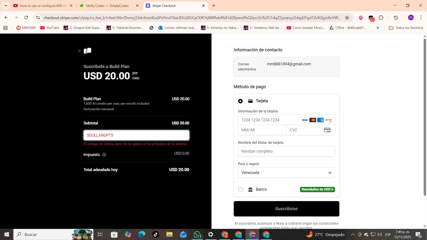Warp promo code screenshot showing code 5DOLLARGPT5 applied at Warp checkout page. Uploaded by SimplyCodes community member cod_gakpo on Nov 13, 2025