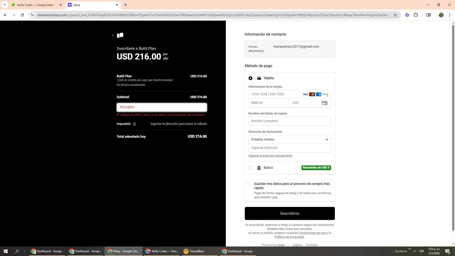 Warp promo code screenshot showing code TECHBRO applied at Warp checkout page. Uploaded by SimplyCodes community member Phoenix585 on Feb 2, 2026