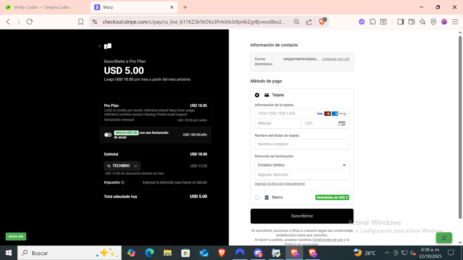 Warp promo code screenshot showing code TECHBRO applied at Warp checkout page. Uploaded by SimplyCodes community member CODMOBILE1 on Oct 22, 2025