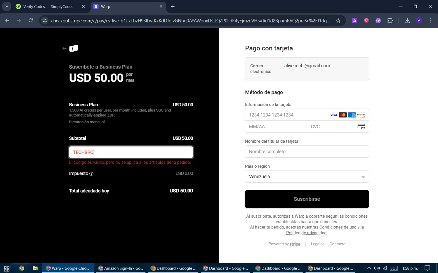 Warp promo code screenshot showing code TECHBRO applied at Warp checkout page. Uploaded by SimplyCodes community member ThriftySentinel2853 on Nov 10, 2025