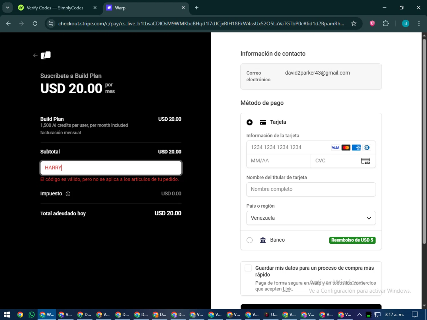 Warp promo code screenshot showing code HARRY applied at Warp checkout page. Uploaded by SimplyCodes community member CodeMaverick5767 on Dec 3, 2025