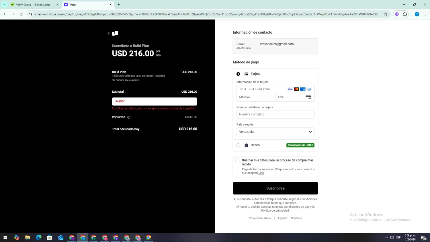 Warp promo code screenshot showing code HARRY applied at Warp checkout page. Uploaded by SimplyCodes community member TokenSaver1205 on Feb 1, 2026