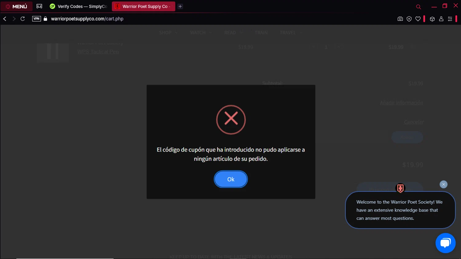 Warrior Poet Supply Co coupon code screenshot showing code TRAINHARD10 applied at Warrior Poet Supply Co checkout page. Uploaded by SimplyCodes community member KeiJJ18 on Apr 20, 2025